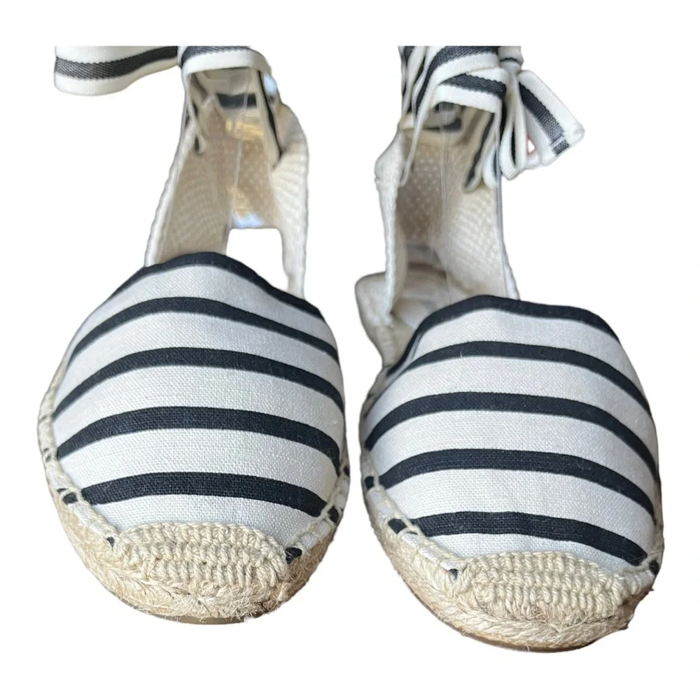Soludos Black and Cream Striped Ankle Tie Espadrilles Flats